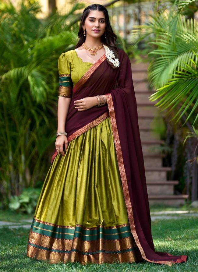 Poly Cotton Olive Green Traditional Wear Weaving Lehenga Choli